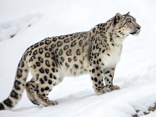 Fototapeta premium Spotted leopard isolated on snow background. A leopard is walking through the snow. The snow is white and the leopard is brown.