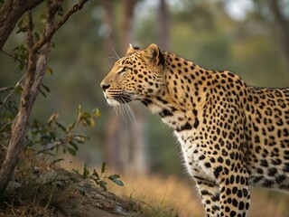 A leopard is standing in a forest, looking at the camera. Scene is calm and peaceful.