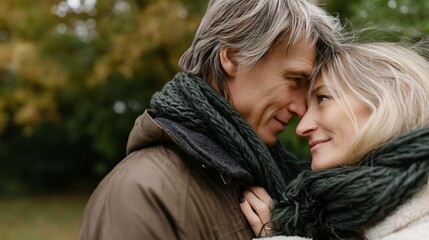 Couple in autumn park, close-up, affection