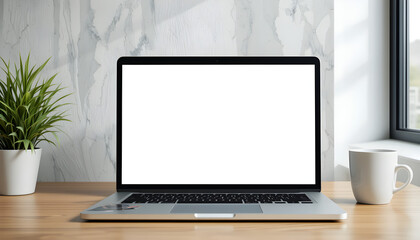 Fototapeta premium Blank Laptop Screen Mockup Modern Workspace with Plant and Coffee