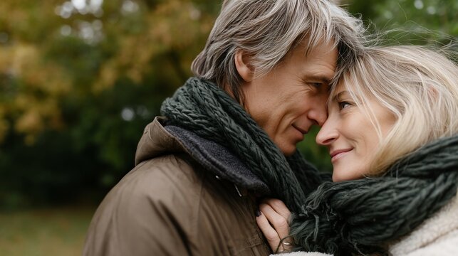 Couple in autumn park, close-up, affection