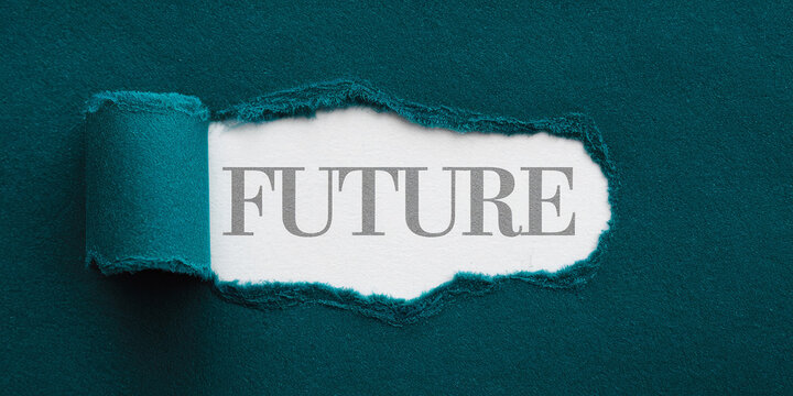 Torn teal paper reveals the word "FUTURE" on white background, symbolizing anticipation and possibilities, ideal for planning or projection concepts