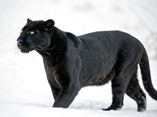 Obraz premium Black leopard isolated on white background. A black panther is standing on a white background. The panther has a yellow eye and a black tail.