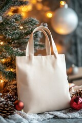 Beige Shopping Bag on Christmas Background with Decorations