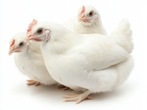 Three white chickens on white background