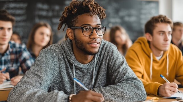 In the Classroom Multi Ethnic Students Listening to a Lecturer and Writing in Notebooks. Smart Young People Study at the College. High quality