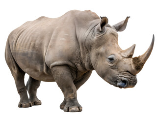 Fototapeta premium Rhino animal isolated on transparent background. A rhino with a large horn is standing on a transparent background.