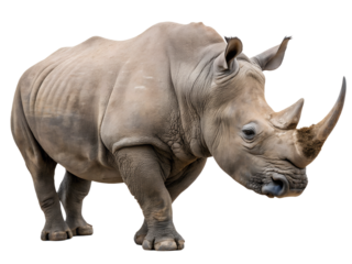 Rhino animal isolated on transparent background. A rhino with a large horn is standing on a transparent background.