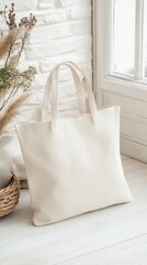 Fototapeta premium Simple and Elegant Cream Tote Bag on Wooden Surface with Flowers