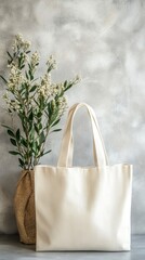 Beige Tote Bag Next to a Bouquet of Greenery on a Gray Background