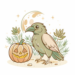 Naklejka premium Halloween Crow Pumpkin Vector Icon Illustration