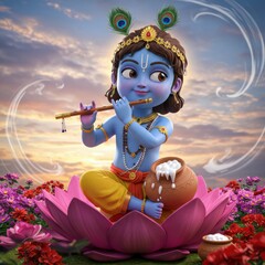 Adorable Little Krishna Playing Flute on Lotus Flower, Peaceful Sunset Scene, 3D Render