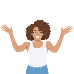 Cheerful woman with curly hair raises her hands in excitement, radiating positivity. Flat Vector character illustration
