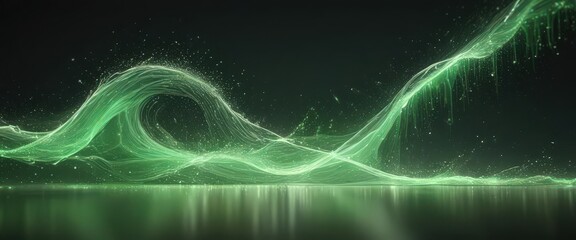 Ethereal green wave of light, dancing particles , iridescent, art, energy