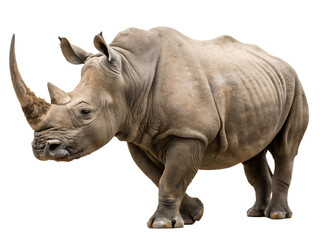 Obraz premium Rhino animal isolated on transparent background. A rhino with a large horn is standing on a transparent background.