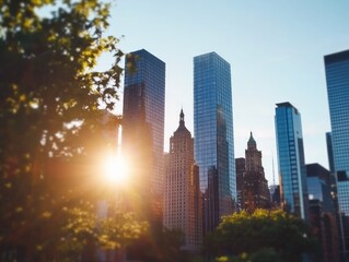 Obraz premium City skyline view featuring skyscrapers and sunlight shining through trees creating warm urban landscape