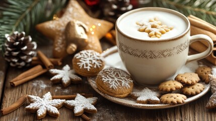 Festive Winter Scene with Snowflake Cookies, Spice Sticks and Creamy Drink