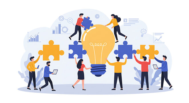 Vector teamwork illustration showing people assembling puzzle pieces to create an idea, symbolizing collective effort and innovation.


