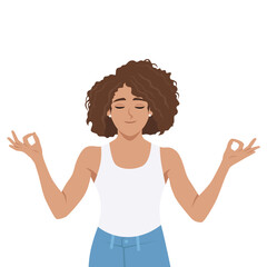 Woman with curly hair meditates peacefully with her eyes closed. Flat Vector character illustration