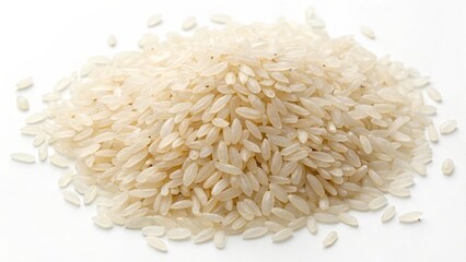 Piled white rice grains on a plain background, showcasing their texture and shape.