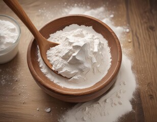 Rustic wooden spoon in bowl of flour and sugar , pastry, wooden spoon