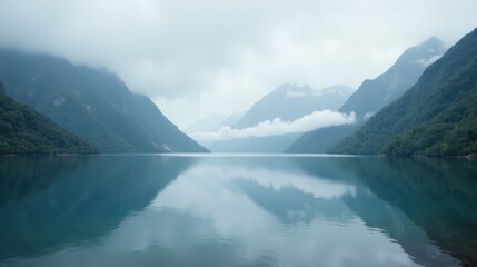 Obraz premium Serene Mountain Lake Reflecting Misty Peaks in a Calm and Peaceful Atmosphere