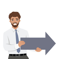 Businessman is holding an arrow pointing to the right, suggesting direction or guidance. Flat Vector character illustration