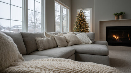 Fototapeta premium warm and inviting living room decorated for christmas with twinkling fairy lights adorning and beautifully adorned