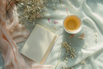 A peaceful flat lay composition featuring a self-care journal, herbal tea, dried flowers, and candles arranged on a natural linen fabric. Captured in soft, natural lighting to evoke calmness and aesth