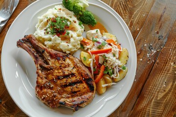 Grilled Pork Chop with Mashed Potatoes, Broccoli, and Colorful Vegetable Slaw on a Wooden Table Designed for Delicious Home-Cooked Meal Imagery