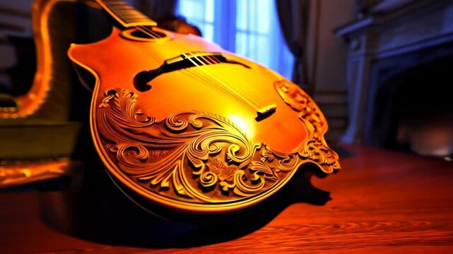 Ornate vintage mandolin on wooden table with gold decorations, elegant classical instrument close up, and soft light from behind in luxury setting.