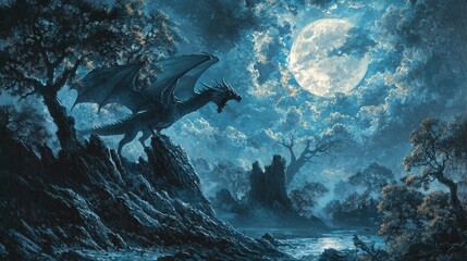Obraz premium Majestic dragon perched on a moonlit mountainside.