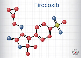 Firocoxib molecule. Veterinary NSAID for pain and inflammation treatment. Sheet of paper in a cage