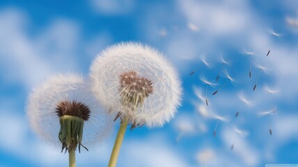 Obraz premium Dandelion seed dispersal against a light blue sky symbolizes freedom