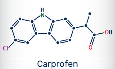 Carprofen NSAID molecule structure, nonsteroidal anti-inflammatory drug used as a veterinary medicine.