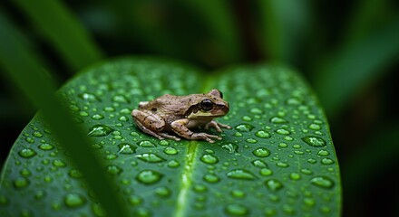 Obraz premium Macro Photography Tiny Frog on Dew-Covered Leaf