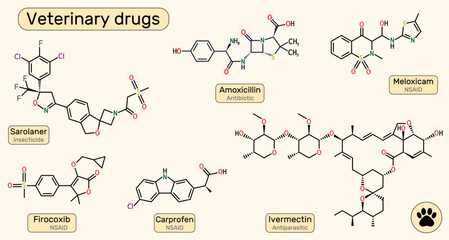 Sarolaner, amoxicillin, meloxicam, firocoxib, carprofen, ivermectin molecule. Veterinary drug, antibiotic, NSAID, insecticide, antiparasitic