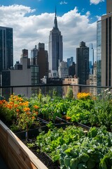 Fototapeta premium Urban rooftop garden featuring vibrant flowers and fresh vegetables, with a stunning skyline view of tall buildings and a prominent skyscraper in the background, showcasing city life and nature