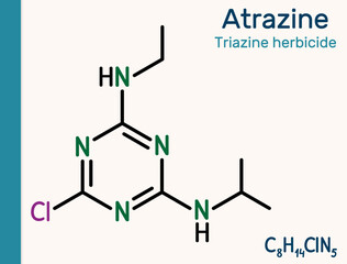 Atrazine molecule. Triazine herbicide used in agriculture for weed control. Structural chemical formula.
