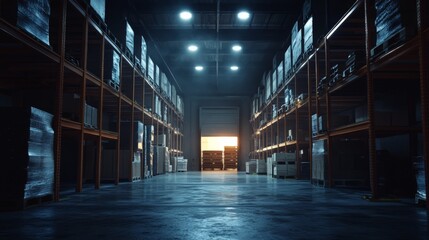 Fototapeta premium Industrial Warehouse Interior with Shelves and Boxes