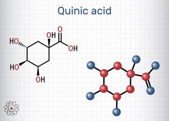 Quinic acid molecule. Natural plant-derived compound with antioxidant and anti-inflammatory properties. Sheet of paper in a cage