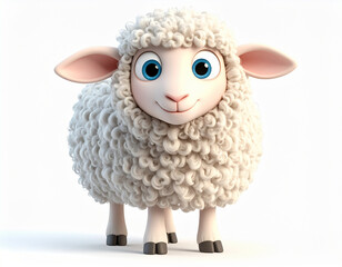 Cute Cartoon Sheep with Big Eyes and Curly Wool Isolated on White Background &ndash; Adorable Animal Illustration