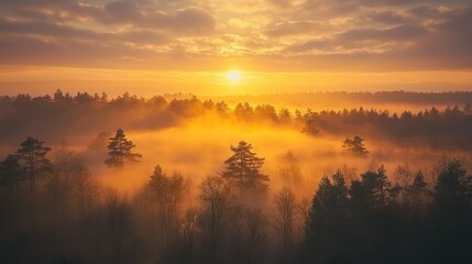 Fototapeta premium A breathtaking sunrise over a misty forest, signaling the start of spring