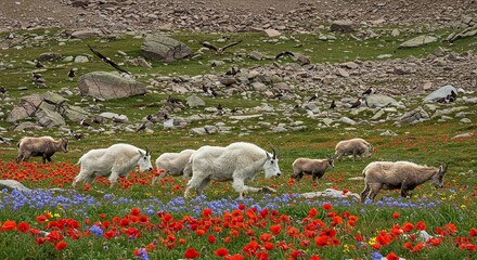 Majestic Mountain Goats Grazing in a Vibrant Wildflower Meadow
