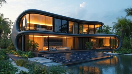 Futuristic Eco-Friendly Waterfront Villa: Modern Architectural Design with Solar Panels