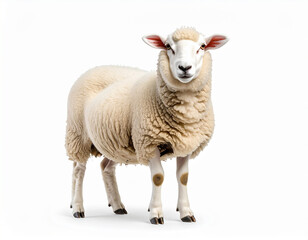 Fototapeta premium Fluffy White Sheep Standing Alone on Pure White Background – Realistic Farm Animal Illustration