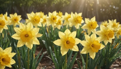 Fototapeta premium Close-up of cheerful daffodils basking in sunlight, bright colors , countryside, wildflower, petals