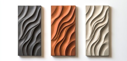 Three rectangular panels display a flowing, wave-like pattern in dark gray, terracotta, and light beige