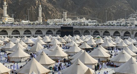 Mina Tent City during Hajj Pilgrimage: A Vast Expanse of White Tents in Mecca, Saudi Arabia
