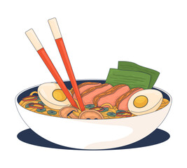Ramen bowl with chopsticks 2D cartoon object. Asian soup noodles, boiled eggs, pork slices, vegetables, seaweed garnish dish isolated element flat vector clip art on white. Spot illustration